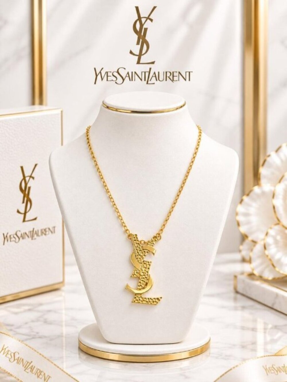 Authentic Saint Laurent YSL Gold Tone Monogram Logo Pendant Necklace